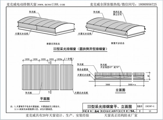 23CJ87-1采光、通風、消防排煙天窗（一）中III型側(cè)開式圓拱型電動采光排煙天窗