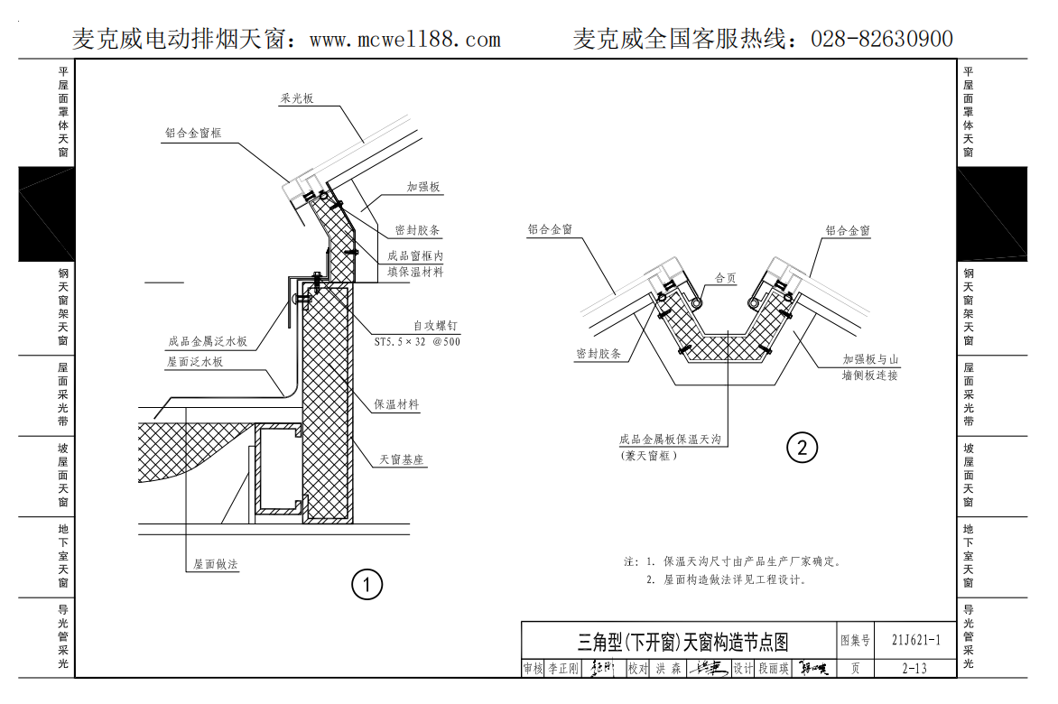 21cj33三角型下開式天窗構(gòu)造節(jié)點(diǎn)示意圖