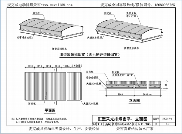 23CJ87-1采光、通風(fēng)、消防排煙天窗（一）中III型側(cè)開式圓拱型電動(dòng)采光排煙天窗